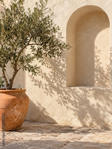 Potted olive tree casts leaf shadows beside a warm plaster courtyard arch