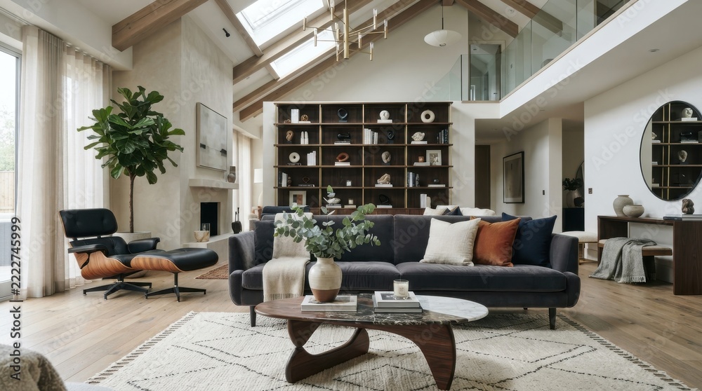 Naklejka premium Modern luxury living room with high vaulted ceiling and open layout