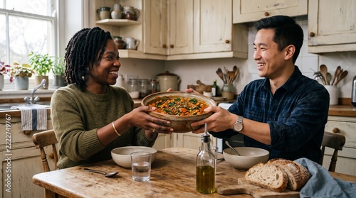 Friends share a colorful low-cost comfort dinner
