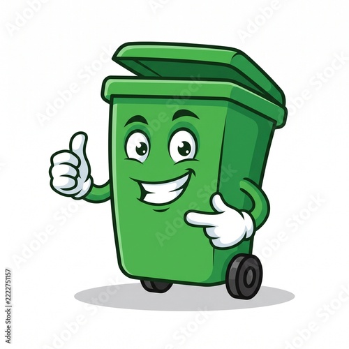 Friendly green trash bin cartoon mascot giving a thumbs up and pointing, promoting recycling and clean environments.