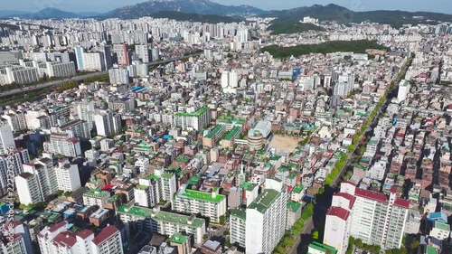 Aerial Drone View of Mangwon-dong Residential Area and Urban Alleyways in Mapo-gu, Seoul, South Korea