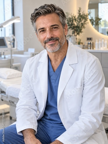Friendly aesthetic doctor in a white coat at a bright modern beauty clinic