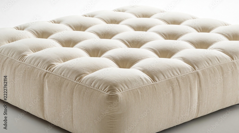 Naklejka premium Cream tufted mattress with square patterns. Soft fabric bedding texture on luxury bed. Comfortable furniture item for bedroom interior design. High quality upholstery surface with thick padding,