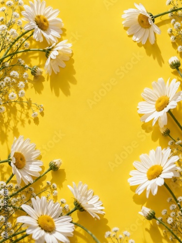 White spring flowers arranged on a vivid yellow background with copy space