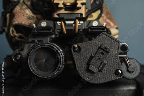 Night vision binocular system with adjustable aperture mechanism and protective cap on helmet mount, modular tactical optoelectronics equipment