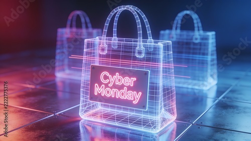 Showing three neon wireframe bags glowing on metal floor, central bag displaying Cyber Monday sign