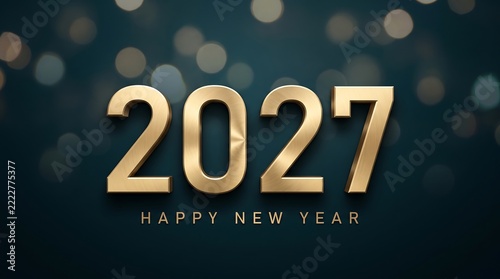 2027 Happy New Year gold metallic 3D numbers on a dark teal background with soft glowing bokeh light effects