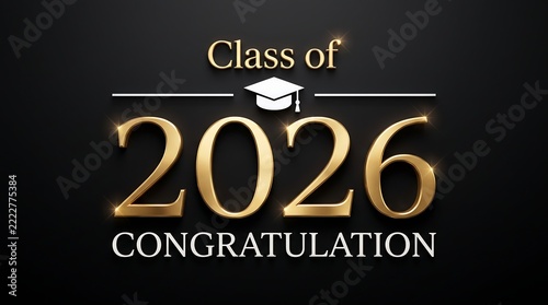 Class of 2026 graduation celebration banner with elegant gold typography and mortarboard icon on a luxury black background design