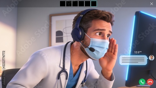 Listening doctor wearing lab coat and mask cupping ear in clinic call with headset and stethoscope