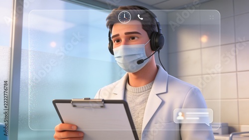 Holding clipboard clinician doing virtual consult at clinic, wearing lab coat, mask, headset HUD