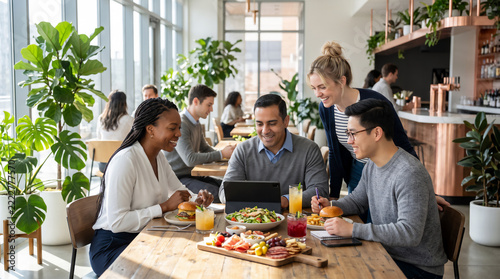 Diverse Team Enjoying Lunch Meeting in Modern Cafe 