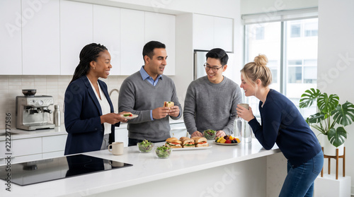 Group of Colleagues Enjoying Lunch Break in Modern Kitchen 