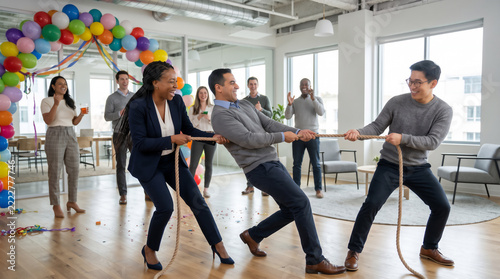 diverse colleagues playing tug-of-war in modern office 