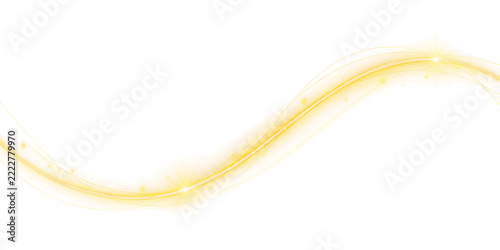Glowing golden light wave with sparkling particles and thin curved lines isolated on a transparent background, for digital work isolated on a transparent background