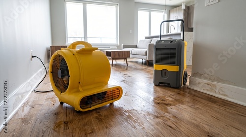 Air mover fan and portable dehumidifier drying a water-damaged living room floor. Flood cleanup and water extraction equipment. Home restoration and property damage recovery.