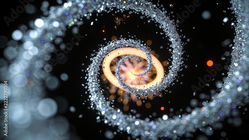 Twisting spiral of sparkling particles converging toward warm glowing ring in black void