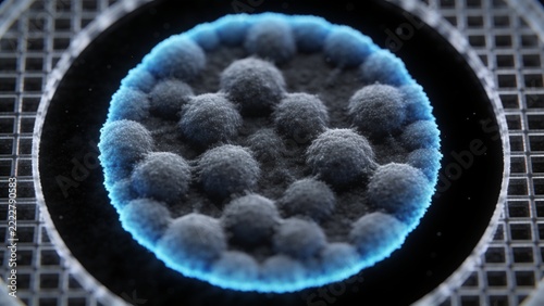 Displaying centered petri dish containing fuzzy microbial colonies on lab grid tray, with cyan rim