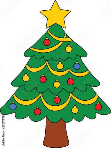Christmas Tree with Colorful Ornaments and Golden Star Illustration