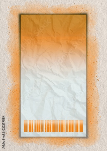 Crinkled paper packaging mockup with barcode and orange textured background
