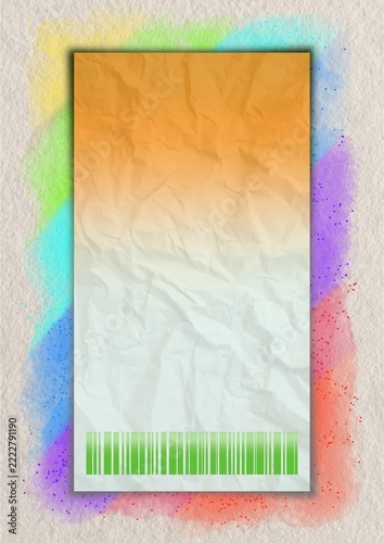 Crinkled paper packaging mockup with barcode and rainbow textured background