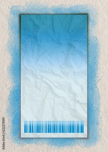 Crinkled paper packaging mockup with barcode and blue textured background