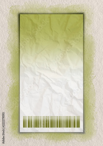 Crinkled paper packaging mockup with barcode and green textured background
