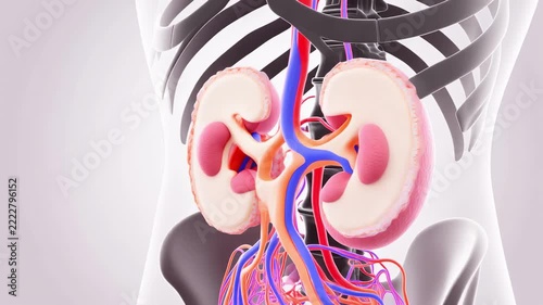Anatomically accurate 3D rendering showcasing the human renal system, including kidneys, arteries, and veins. Ideal for medical education and scientific presentations.