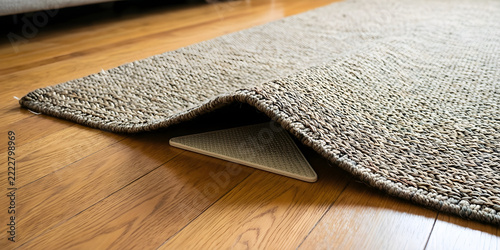 Triangular rug gripper beneath a lifted rug corner for Home floor safety and rug accessories