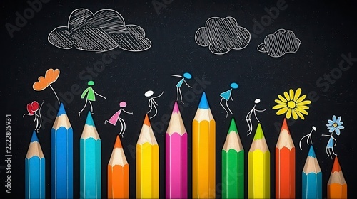 Colored pencils with drawn stick figures and chalk clouds on black