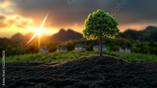 A single green tree growing on a mound of dark soil at sunset