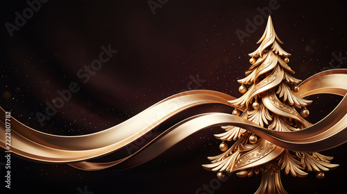Luxurious 3D Christmas banner featuring an intricately carved gold pine tree, shimmering highlights, flowing satin-like gold waves, and a rich dark backdrop.