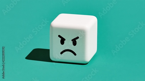 Minimal white cube with an angry cartoon face casts a bold shadow on turquoise background