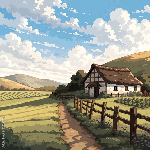 rural landscape with wooden house