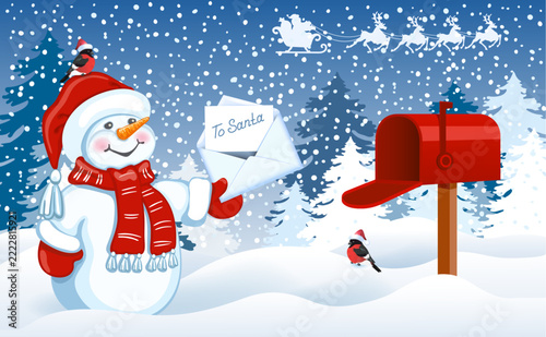 Funny Snowman with Santa letter and mailbox against winter forest background and Santa Claus in sleigh with reindeer team flying in the sky.
