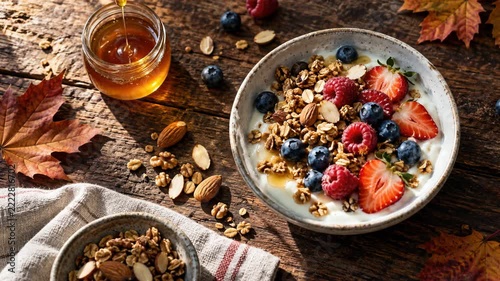 Honey Dripping from Wooden Dipper onto Rustic Table beside Healthy Yogurt Granola Bowl with Fresh Berries and Nuts