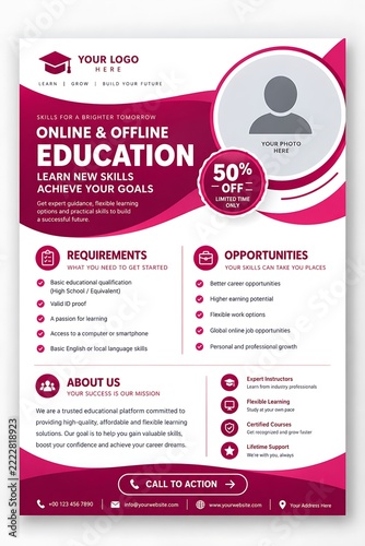 Professional online education flyer template, corporate marketing poster design for school courses, magenta training brochure layout, academic promotion advertisement