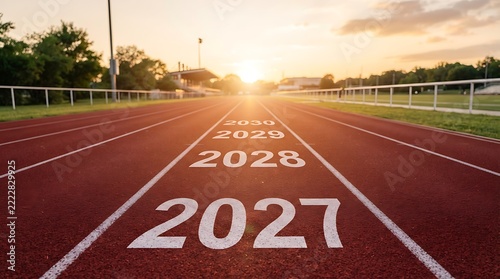 Running track leading toward the future with years 2027 and 2028 marked