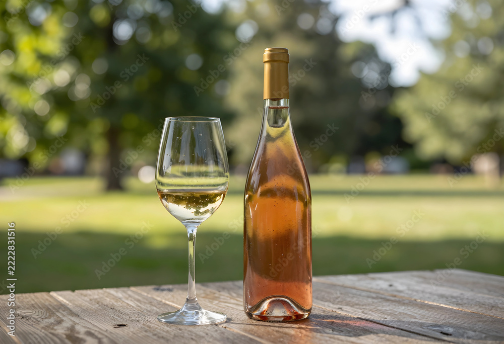 Fototapeta premium Rose wine celebration and summer leisure, bottle and glass on wooden table in park with soft bokeh background for lifestyle and hospitality marketing