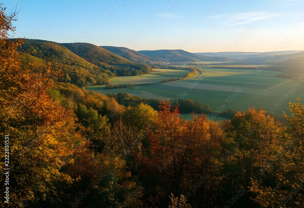 Fototapeta premium Autumn landscape with golden forest and valley, seasonal nature scenery with rolling hills and sunlight at sunset for travel and environmental themes