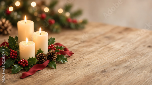 Cozy Christmas Wooden Table Background with Candles Holly and Pine Cones Copy Space