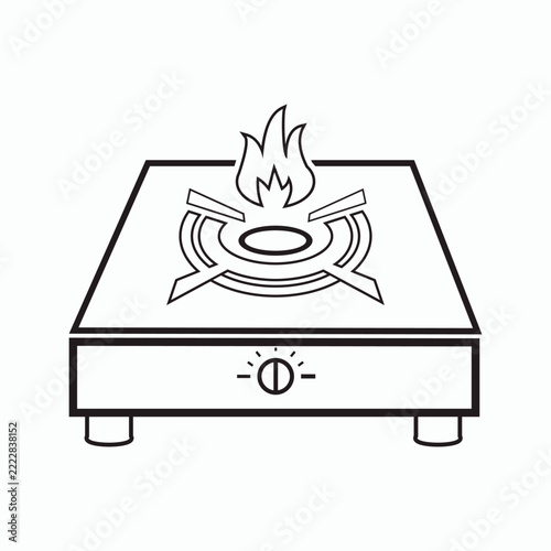 Simple line art icon of a portable gas stove with a burning flame.