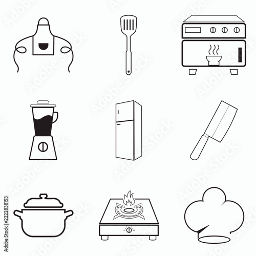 Set of kitchen appliances and cooking utensils icons.