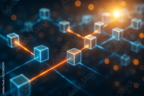 Glowing cubes linked by blue and orange network lines