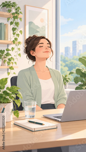 Workday Wellness Break Corporate Wellness Illustration, Desk Worker Taking Calm Breathing Pause with Laptop Plant and Water, Employee Mental Health Self Care