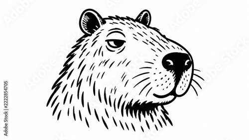Relaxed Capybara Head in Black and White Ink Illustration