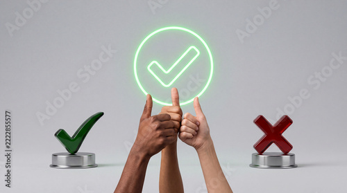 Diverse hands give thumbs up, celebrating success with a glowing green checkmark, symbolizing agreement and positive choices, with a red cross representing negation