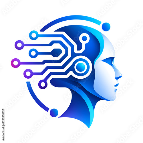 Futuristic AI head profile with glowing circuit board nodes and orbiting rings, blue purple gradient technology concept on white background