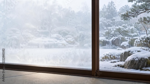 雪景色の庭を望む窓辺と曇りガラス