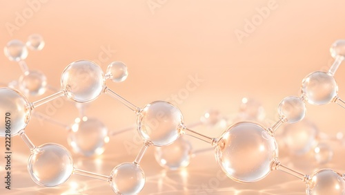 Clear Glass Spheres Connected by Thin Glass Rods as Molecule Network on Peach Gradient Background with Caustics and Copy Space
