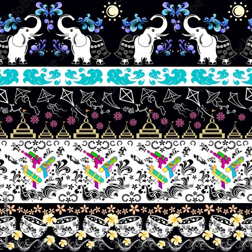 Midnight Songkran festival horizontal border pattern featuring white elephants, traditional Thai dancers, and festive motifs on a deep black background